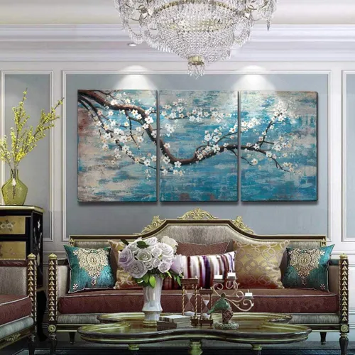 Miniatura 8 de AMATOP Arte de pared turquesa 100% pintado a mano, pintura al óleo de paisaje forestal en lienzo, obra de arte enmarcada original, pájaro dorado