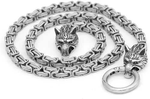 Miniatura 4 de GuoShuang Wolf Head with Thor Mjolnir Pendant Necklace Stainless Steel - King Chain