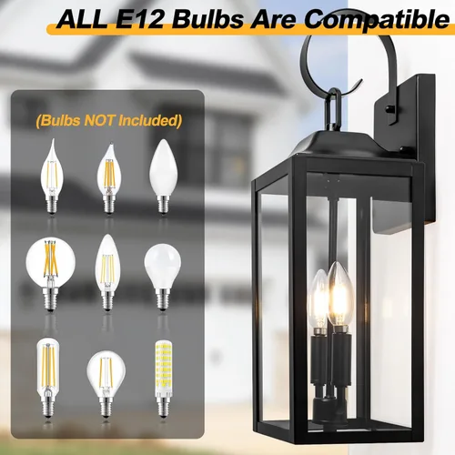 Miniatura 3 de Farol de pared negro de 19 pulgadas para exteriores, 2 luces, aplique grande y moderno para porche, luz industrial para porche con vidrio