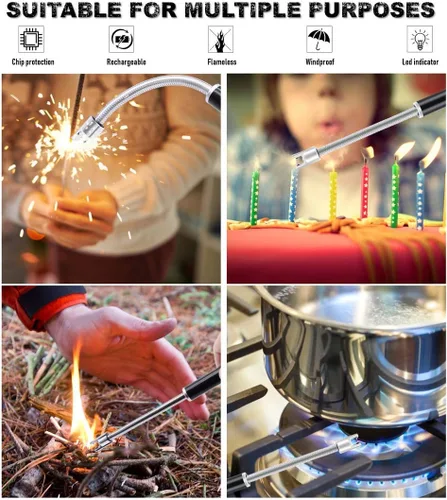 Miniatura 7 de TOMOLO Encendedor eléctrico, 2 unidades, encendedor de velas largo y flexible con interruptor de seguridad, encendedor de plasma sin llama Negro