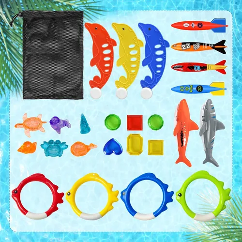 Miniatura 5 de Jasonwell Juguetes de buceo en la piscina, 25 piezas de juguetes de piscina con palos de buceo y anillos, tesoros submarinos, bandidos de torpedos