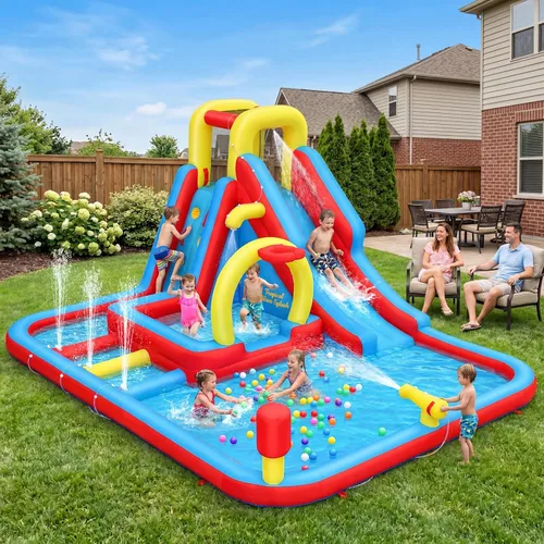 Miniatura 8 de Whubefy Toboganes acuáticos inflables para el patio trasero de los niños (con 450 sopladores, 6 juguetes)