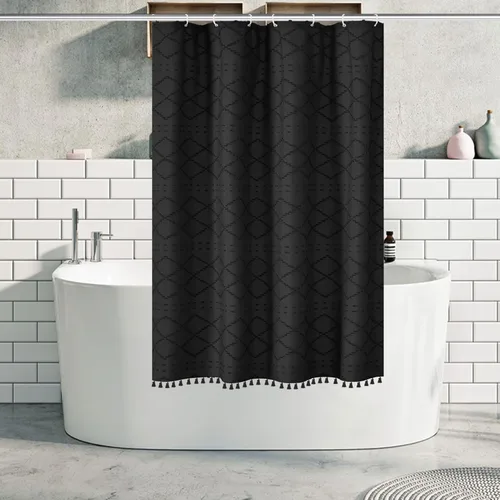 Miniatura 29 de Siiluminisoy Cortina de ducha bohemia rosa con textura y borlas de 72 x 72 pulgadas con tul, cortina de ducha de chenilla tejida con rayas chevrón