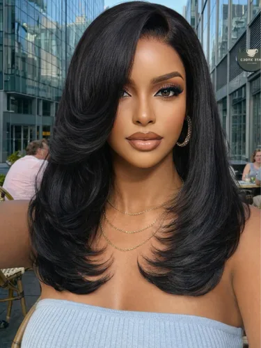 Miniatura 57 de KLAIYI Peluca de cabello humano con encaje frontal precortada 7x5, corte Bob en capas, corte romo, cordón sin pegamento, peluca predepilada