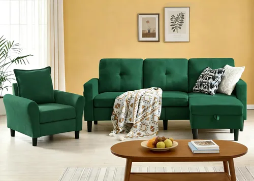 Miniatura 13 de Juego de 2 sofás, sofá de 3 plazas con otomana y sofá cama con reposapiés, conjuntos de sofás para sala de estar/apartamento/oficina, Verde
