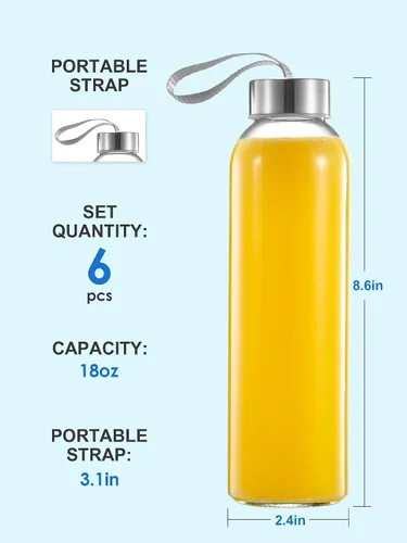 Miniatura 5 de QCen Botella de vidrio transparente de 18 onzas para jugos, botellas de agua de vidrio reutilizables para máquina exprimidora, con tapas de acero