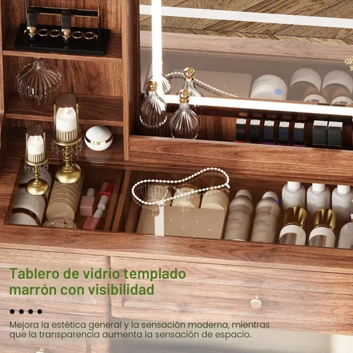 Miniatura 5 de Arulvmrn Escritorio de maquillaje de 43 pulgadas con espejo y luces, y toma de corriente, mesa de tocador grande con parte superior de vidrio con 9