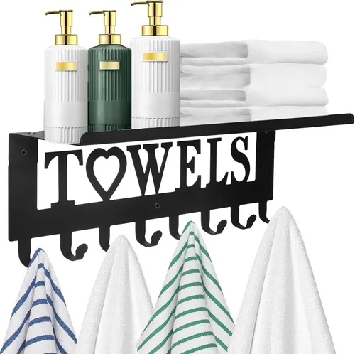 Miniatura 8 de Toallero para bañera de hidromasaje con estante Soporte para toallas de baño, 8 ganchos, colgador de toallas montado en la pared para batas, ropa
