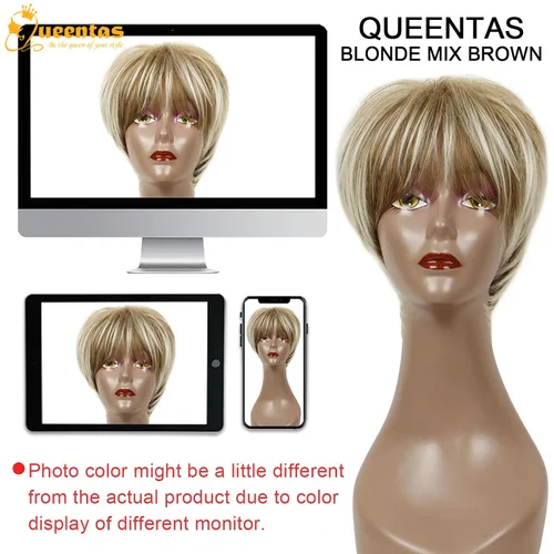 Miniatura 7 de QUEENTAS Pixie - Pelucas rubias cortas en capas para mujeres blancas y negras, cabello sintético (rubio mezclado con marrón)