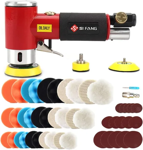 Miniatura 10 de Mini lijadora de aire de 1/2/3 pulgadas para trabajo de carrocería automático, mini pulidora neumática con 45 discos de lijado + 3 almohadillas
