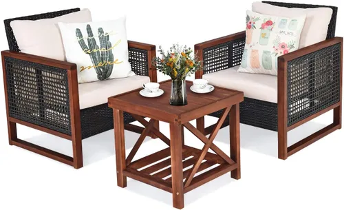 Tangkula Juego de muebles de mimbre de 3 piezas, juego de sofá de ratán para exteriores con cojín lavable y mesa de centro de madera de acacia,