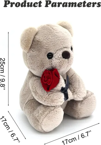 Miniatura 2 de HWD Oso de peluche de 9.8 pulgadas con rosa, muñeca de felpa suave, juguetes de peluche, regalos para ella/novia, amante, mamá, niños pequeños (gris)