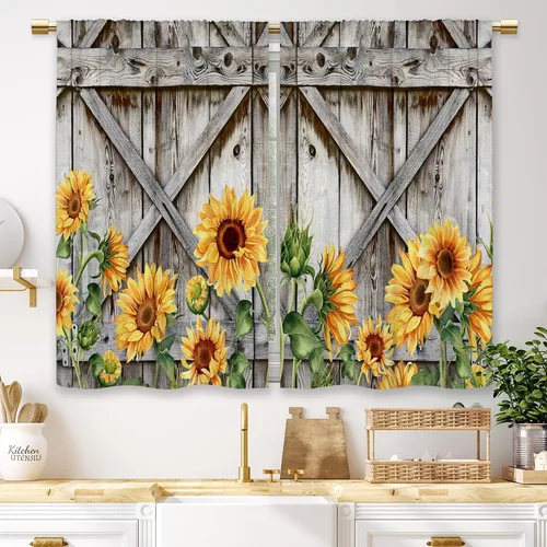 Miniatura 42 de Cortinas de Cocina de Girasol Estilo Granja, Cortinas de Ventana Cortas Pequeñas de Café con Flores Rústicas Florales del Campo, Cortinas de Ventana