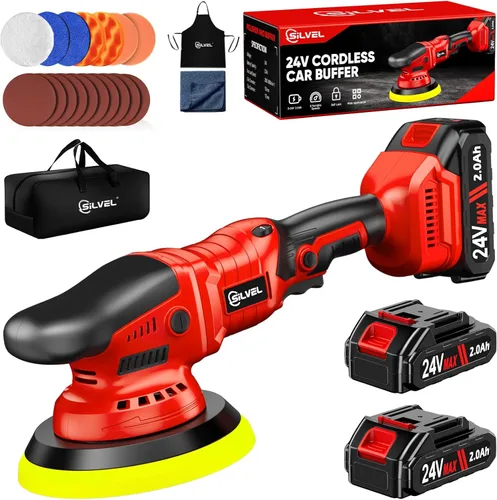 SILVEL Pulidora Inalámbrica para Automóvil, Kit de Pulido de Automóvil con Baterías de 24V 2 X 2.0Ah, Kit Encerador de Automóvil de 5 Pulgadas,