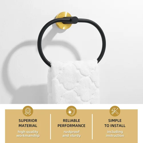 Miniatura 5 de Angle Simple Toallero con forma de anilla giratorio, soporte para toallas de mano de acero inoxidable para baño, colgador para pared, negro y dorado