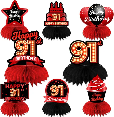 Miniatura 17 de Feliz Cumpleaños 15 Centros de Mesa de Panal Rojo y Negro Globos Decoración Temática de Mesa Decoraciones de Mesa Adornos de Mesa para Niñas Mujeres