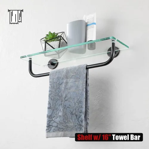 Miniatura 5 de JQK Estantería de baño de vidrio bronce, estante con toallero de 15 pulgadas de vidrio templado, almacenamiento para ducha de 16 por 5 pulgadas