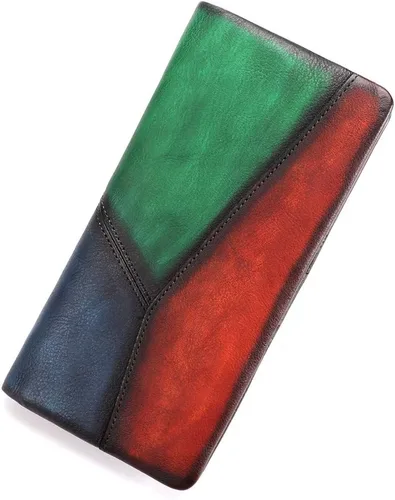 IVTG Cartera de cuero genuino delgada y plegable para mujer, bolso de mano fino vintage hecho a mano, Multicolor3, Vintage