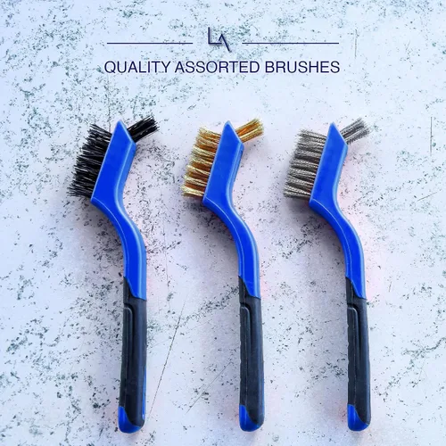 Miniatura 8 de Lavaxon Juego de 3 cepillos de alambre, cerdas de nailon/latón/acero inoxidable con mango curvado para óxido, suciedad y limpieza profunda, 7 Azul
