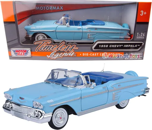 Chevrolet Impala Convertible 1958, azul - Motormax Premium American 73267 - Modelo de automóvil fundido a presión a escala 1/24, unisex, para niños