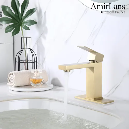 Miniatura 6 de Grifos de baño de oro cepillado de un solo agujero, grifo de acero inoxidable de una sola manija para fregadero de baño con tapón emergente, grifo