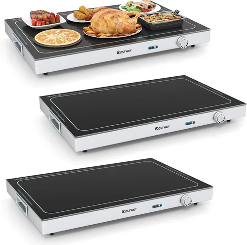 Miniatura 15 de COSTWAY Bandeja de calentamiento eléctrica con temperatura ajustable y asas integradas, calentador de alimentos con parte superior de vidrio