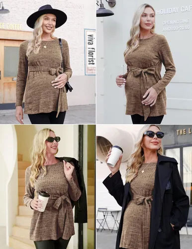Miniatura 2 de Ekouaer Camisas de maternidad de manga larga para mujer, blusas casuales de punto acanalado para embarazadas, tallas S-XXL