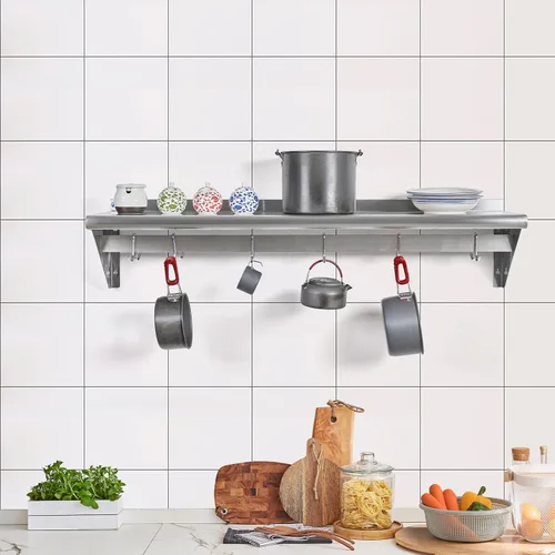 Miniatura 2 de Hally Estante de Acero Inoxidable con 6 Ganchos 12" x 36" Estante para Ollas Montado en Pared, Estantería Flotante Comercial NSF para Almacenamiento