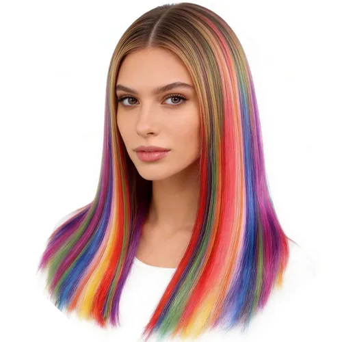 Miniatura 2 de Extensiones de cabello arcoíris, 100 unidades de rayas de cabello de colores para niñas y mujeres, extensiones sintéticas rectas de 20 pulgadas