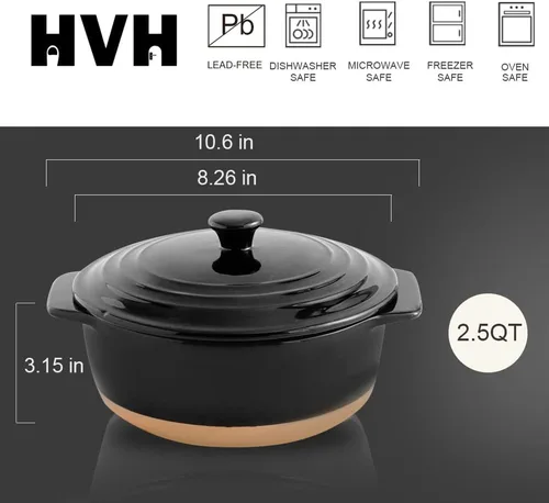 Miniatura 4 de HVH Cacerola de cerámica con tapa, apta para horno, juego de cacerola redonda de 2 cuartos de galón, platos para hornear profundos para horno