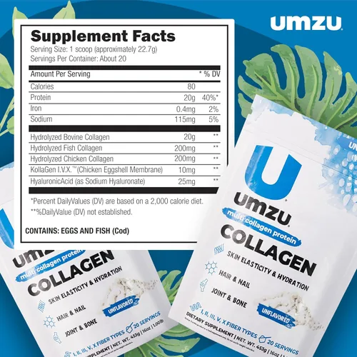 Miniatura 4 de UMZU zuCollagen - Polvo de proteína de colágeno múltiple, sin sabor, 5 tipos de colágeno I II III V X - Suplemento alto en proteínas y bajo