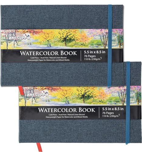 U.S. Art Supply Libro de acuarela de 5.5 x 8.5 pulgadas (paquete de 2, 76 hojas cada uno), 110 libras (230 GSM) encuadernado en lino, bloc de papel