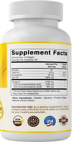 Miniatura 8 de Vitamatic Aceite de pescado Omega 3 de triple fuerza, 3600 mg por porción, 2160 mg de ácidos grasos Omega 3, 1296 mg de EPA + 864 mg de DHA, sabor a