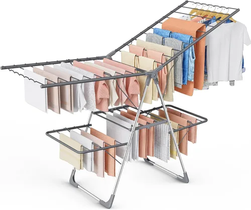 Miniatura 10 de Sakugi Escurridor de ropa, plegable de 2 niveles con alas ajustables en altura, para ropa y ropa de cama, estante independiente que ahorra espacio