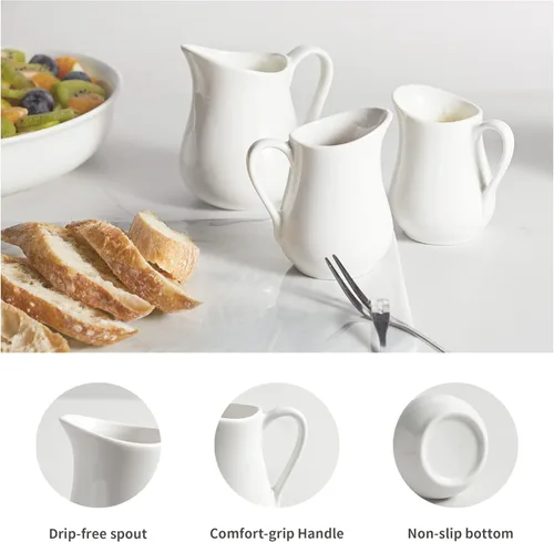 Miniatura 4 de Gurygo Juego de 2 Jarras para Crema de 8 onzas de Cerámica con Asa, Pequeño Contenedor Clásico de Leche Blanco, Jarra de Crema de Porcelana Fina