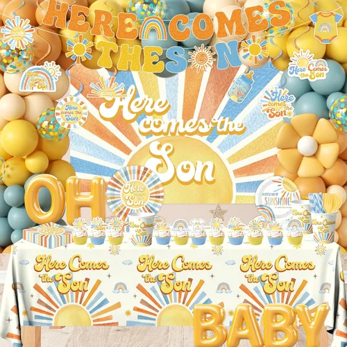 Miniatura 5 de Here Comes The Son Baby Shower Decor – Vajilla bohemia para fiesta de baby shower con arco de globos, decoración de tartas, decoración de pancartas