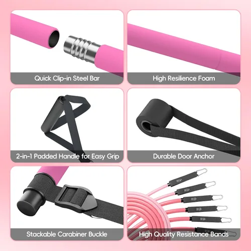 Miniatura 5 de Kit de barra de pilates con bandas de resistencia, barra de pilates portátil para gimnasio en casa, yoga y entrenamientos de cuerpo completo,