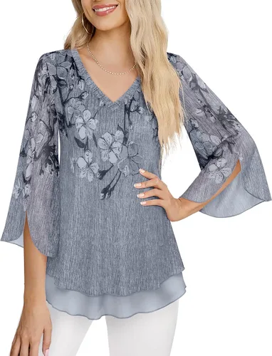 Miniatura 3 de Timeson Blusas florales de manga 34 para mujer, camisas de doble capa con cuello en V, túnica elegante