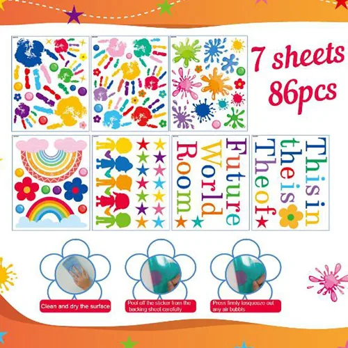 Miniatura 4 de 7 hojas de calcomanías de decoración de pared de arco iris, estrella de lunares, calcomanías de pared pequeñas, impermeables, corazón, sol
