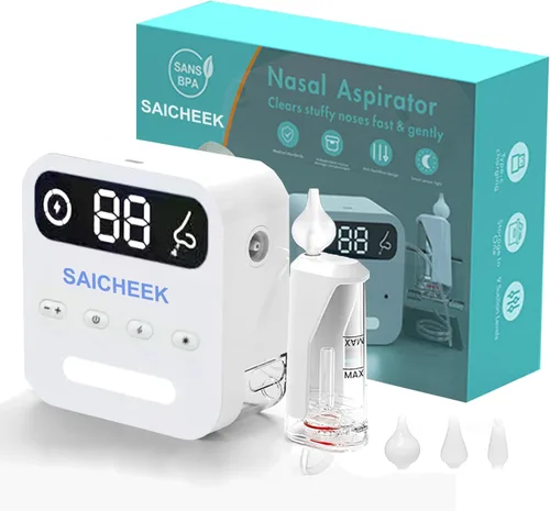 saicheek Aspirador nasal eléctrico con caja de almacenamiento, succión de nariz eléctrica de 70 Kpa para bebé, 3 puntas de silicona, 9 niveles de