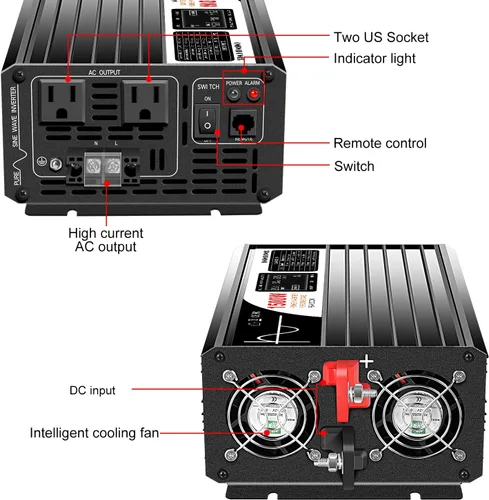 Miniatura 4 de Xijia Inversor de potencia de 1500 W, inversor de onda sinusoidal pura de 12 V a 120 V, convertidor solar de sobretensión de 3000 W para camión