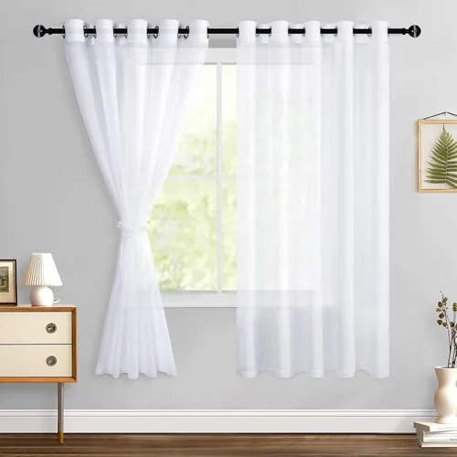 Miniatura 166 de Hiasan - Cortinas traslúcidas de gasa cortas semitransparentes con ojales y alzapaños filtrantes de luz para ventana, dormitorio, baño, 2 paneles