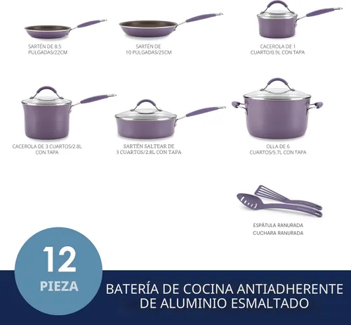 Miniatura 2 de Rachael Ray Cucina - Juego de ollas y sartenes antiadherentes, 12 piezas, color púrpura lavanda