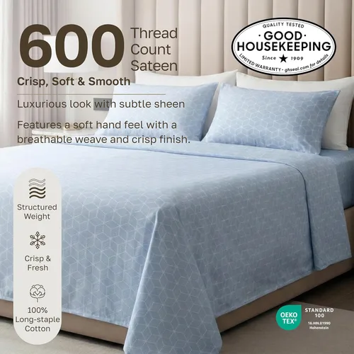 Miniatura 3 de California Design Den Juego de sábanas de 100% tejido de satén de algodón de 600 hilos, suaves, esquinas profundas, estampado geométrico urbano, 34