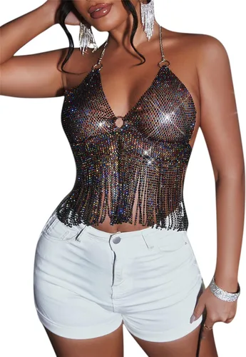 Camiseta corta sin espalda con diamantes de imitación brillantes para mujer, sexy, halter, transparente, para salir por la noche, fiesta, club