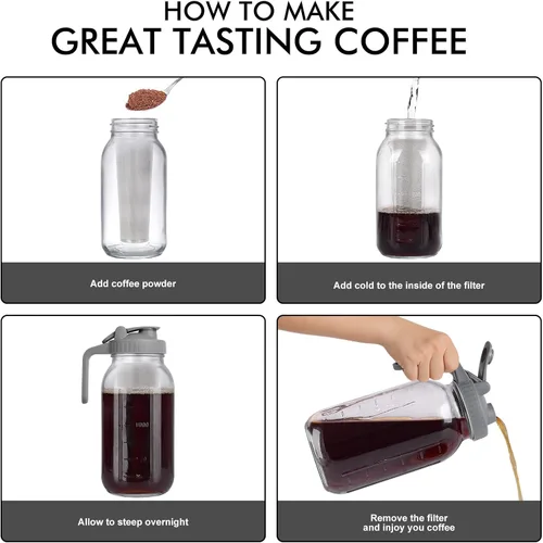 Miniatura 5 de Cafetera helada en tarro de cerveza fría, vidrio duradero, 64 onzas (2 cuartos de galón/1.9 litros), con asa y filtro de acero inoxidable para café