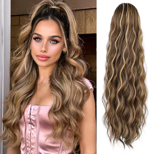 Miniatura 14 de FREEMEIGE Extensiones de cola de caballo largas onduladas con cordón para mujeres, extensiones de cabello con clip para cola de caballo, mezcla