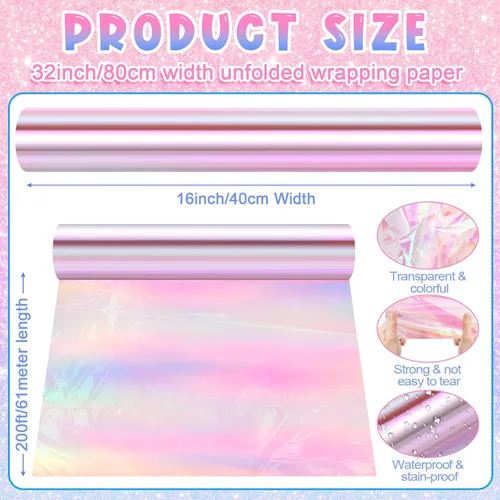 Miniatura 2 de Seajan Rollo de celofán iridiscente de 31.5 pulgadas x 200 pies, papel de regalo de arcoíris, envoltura de celofán holográfico para canastas, ramo