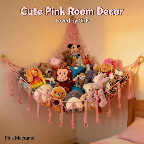 Miniatura 6 de Hamaca de almacenamiento de animales de peluche colgante rosa, organizador de red grande para cosas de animales, lindos muebles, organización