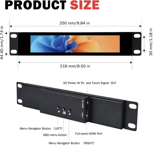 Miniatura 2 de GeeekPi Pantalla táctil LCD de 6.91 pulgadas 1424x280 1U Monitor de montaje en rack para DeskPi RackMate T0/T1/T2/T0 Plus/T1 Plus/TL1 gabinete